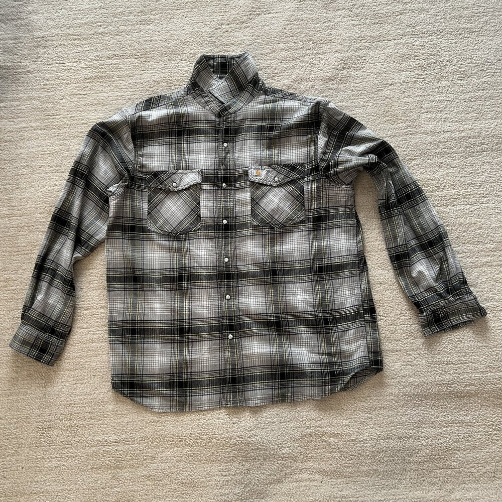 Carhartt Black Gray Plaid Flannel Relaxed Fit Snap Front Shirt Mens XL